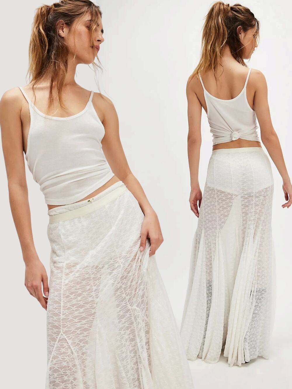 Free People Ethereal Kiss Kiss Half Slip Lace Maxi Skirt Snow Bell White Size XL